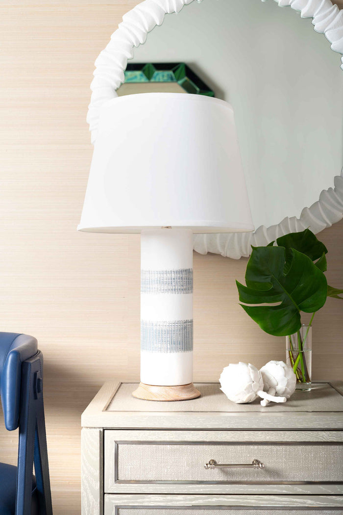 Villa & House Elena Lamp with Shade 17-inch White Linen, with Nickel, Gray and White