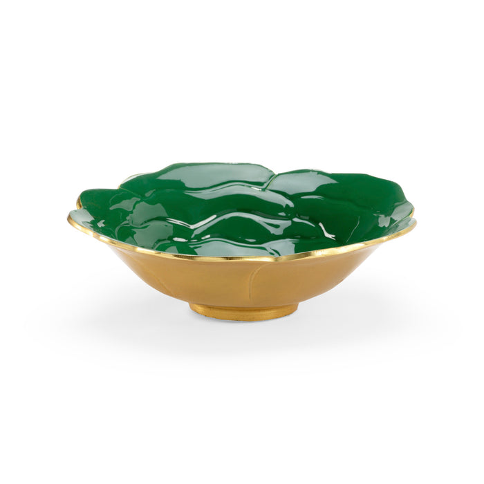 Decorative bowl with green top and gold base on a white background