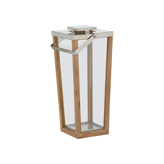 Tall wooden lantern with glass panels on a white background