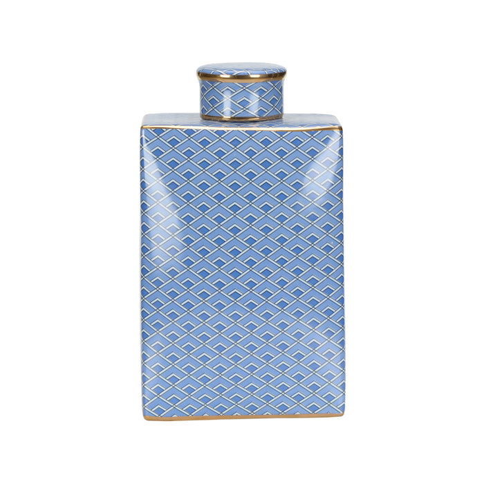 Blue patterned flask with gold accents on a white background