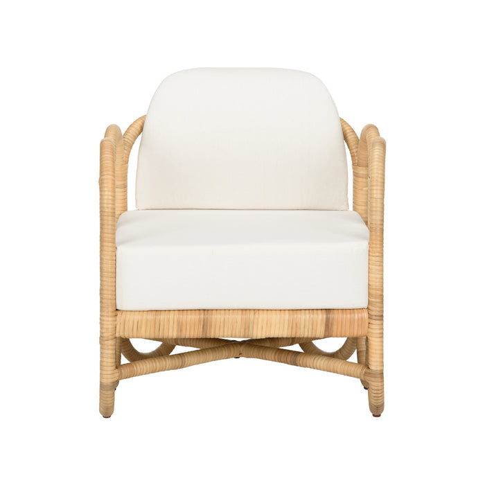 Wicker chair with white cushion on a white background