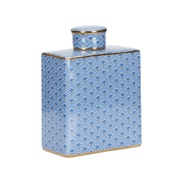 Blue patterned square jar with lid on a white background