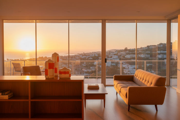 Modern living room with a large window view of a sunset over a cityscape.
