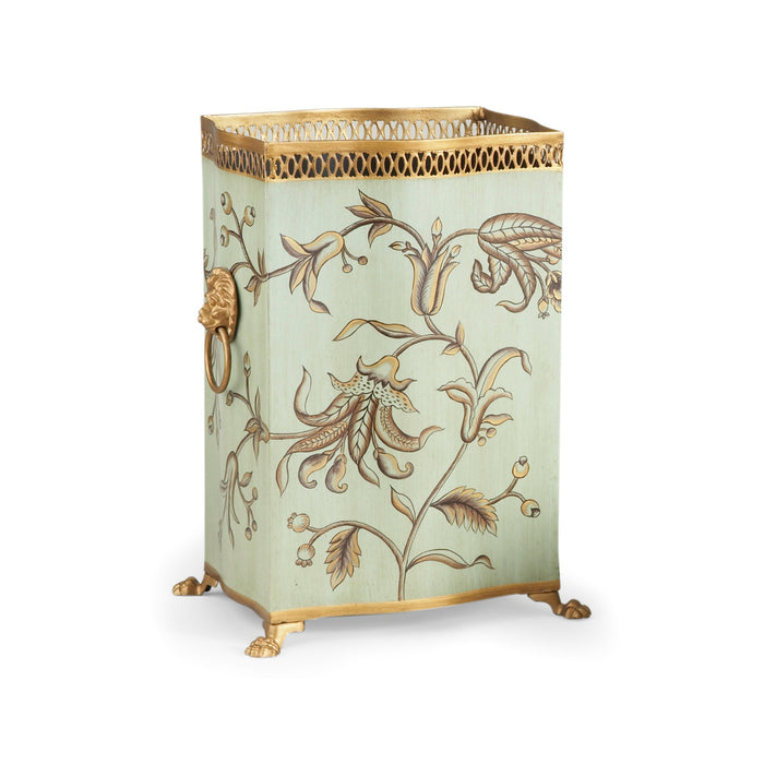 Decorative vase with floral patterns and gold accents on a white background