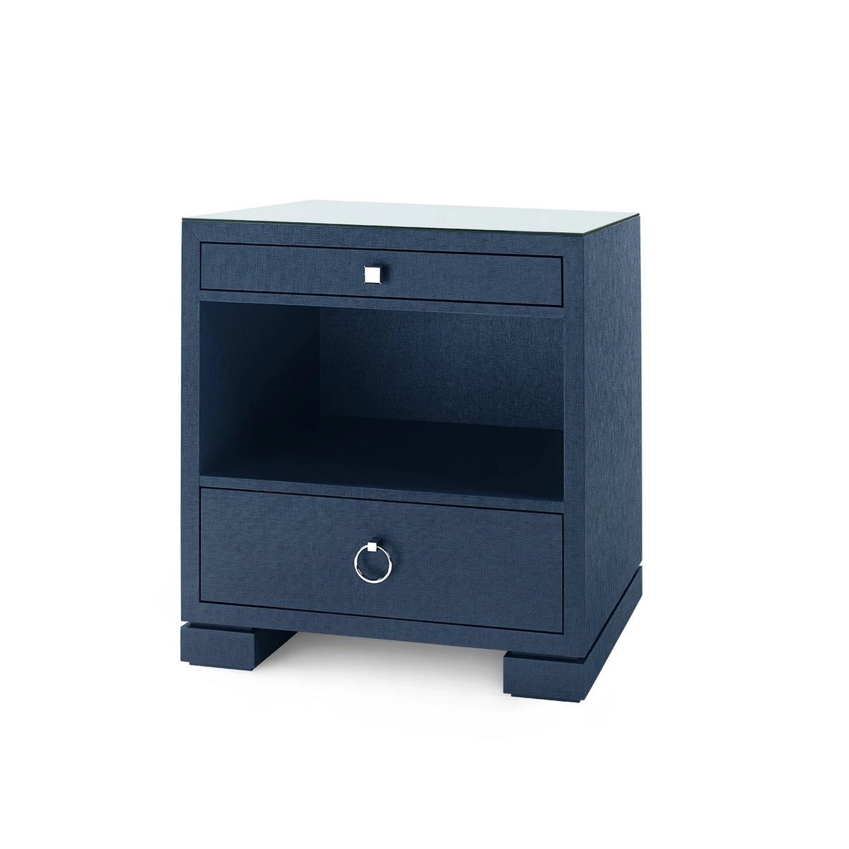 Villa & House Frances 2-Drawer Side Table with Glass Top, Deep Navy