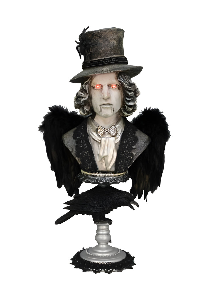 Bust of a character with a top hat and feathered cloak on a white background