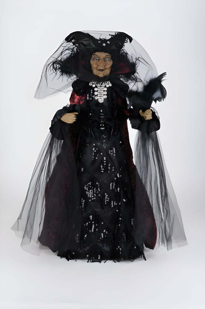 Person wearing a black, ornate costume with a sheer overlay on a white background