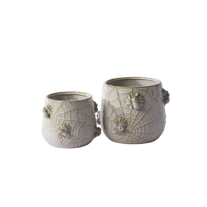 Two ceramic cups with spiderweb design on a white background