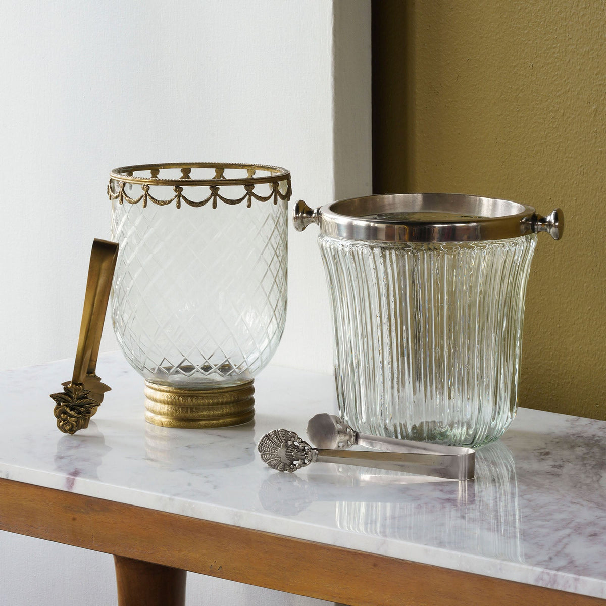 Design Shop Elle Glass Ice Bucket With Tongs, Clear and Antique Silver, 7.75" x 9.75" x 8.5"