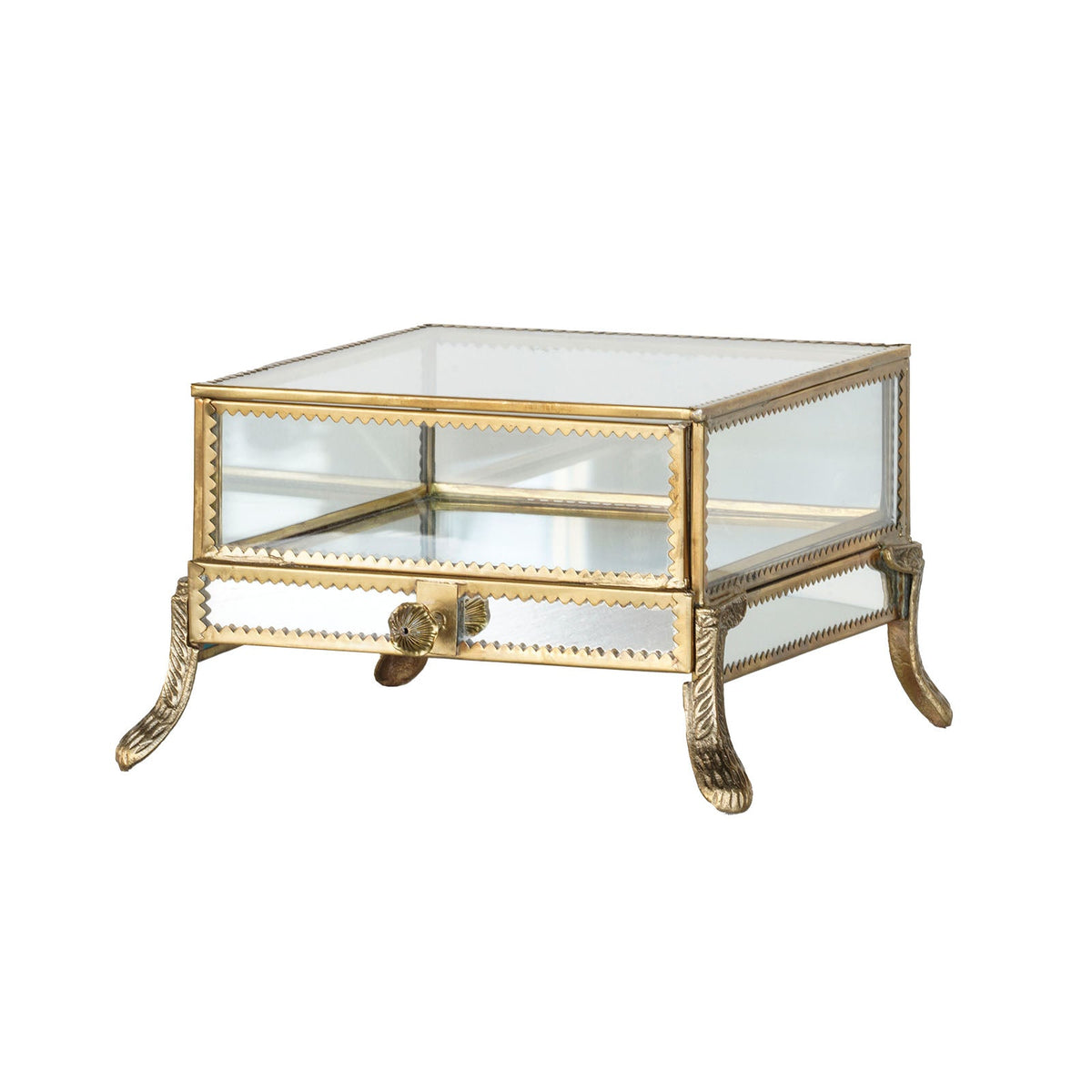 Design Shop Ormolu Glass Display Case With Drawer, Clear and Antique Brass, 7" x 7" x 5"