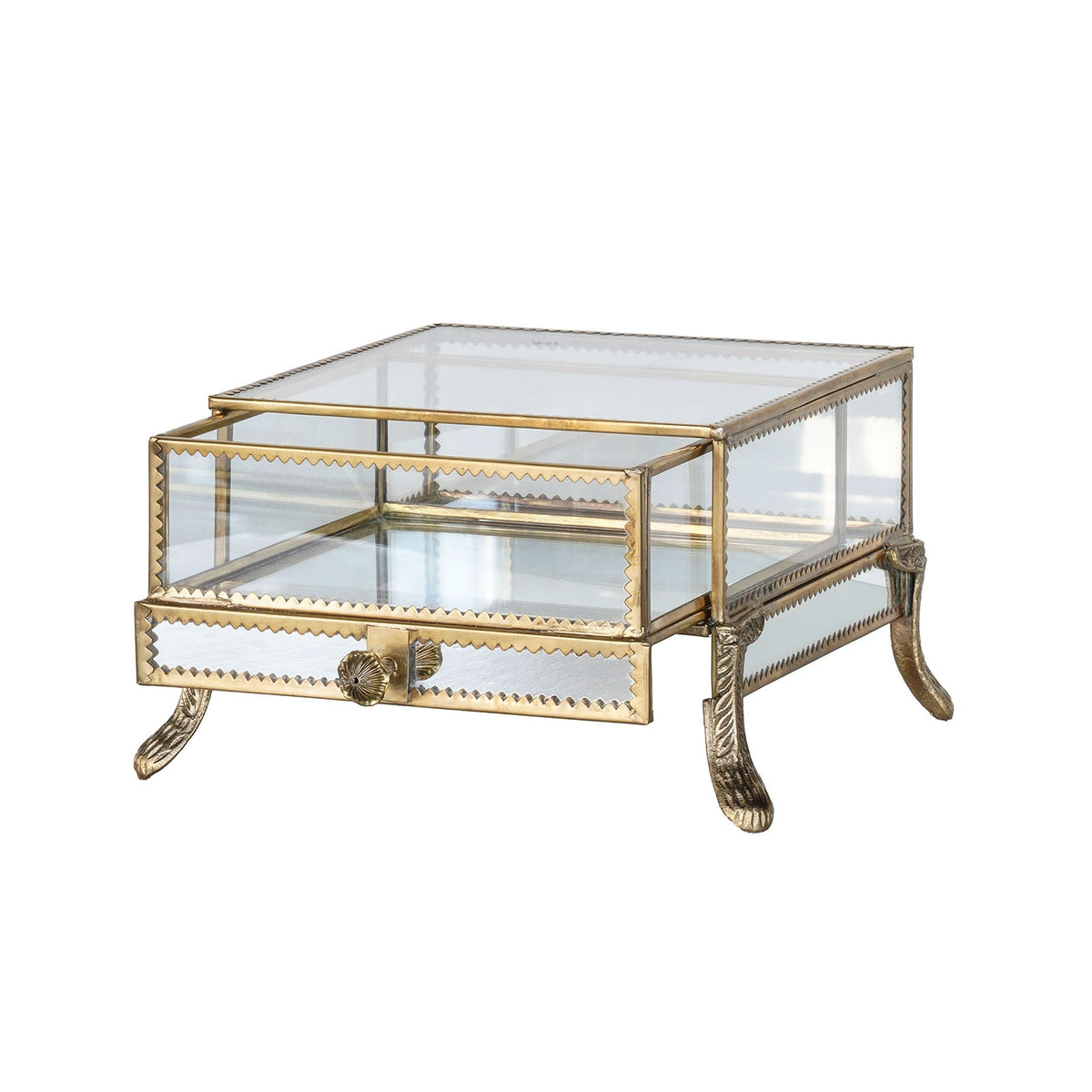 Design Shop Ormolu Glass Display Case With Drawer, Clear and Antique Brass, 7" x 7" x 5"