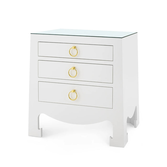 Villa & House Jacqui 3-Drawer Side Table with Glass Top, Chiffon White