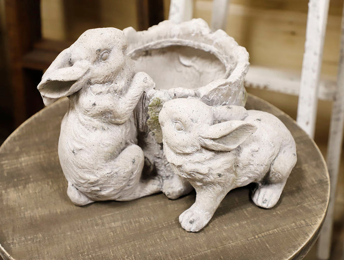 10.5" Gray Resin Rabbit Tree Stump Planter