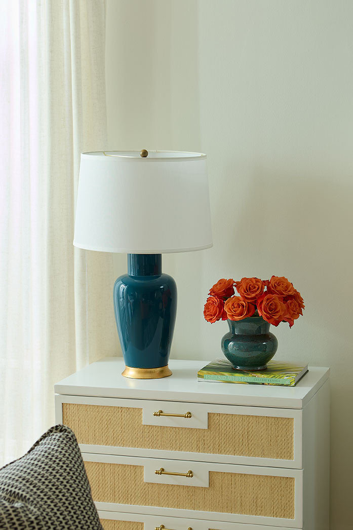 Villa & House Kylie Lamp with Shade 17-inch White Linen, with Gold, Dark Teal