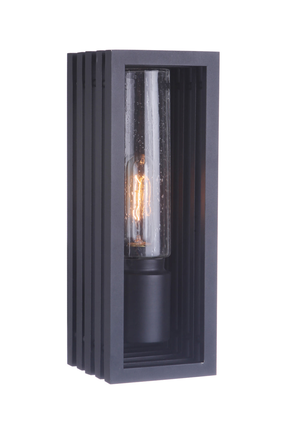 Carmel outdoor wall lantern in textured black with a vertical rectangular frame and an exposed Edison-style bulb inside a