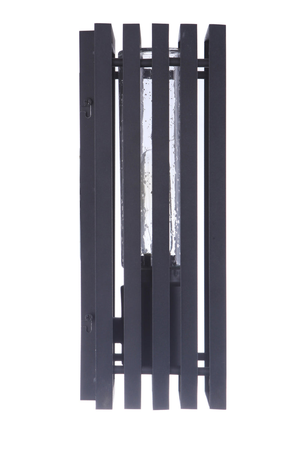 Carmel-style outdoor wall lantern with vertical black slats, enclosed glass, and textured black finish, mounted against