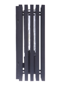 Carmel-style outdoor wall lantern with vertical black slats, enclosed glass, and textured black finish, mounted against