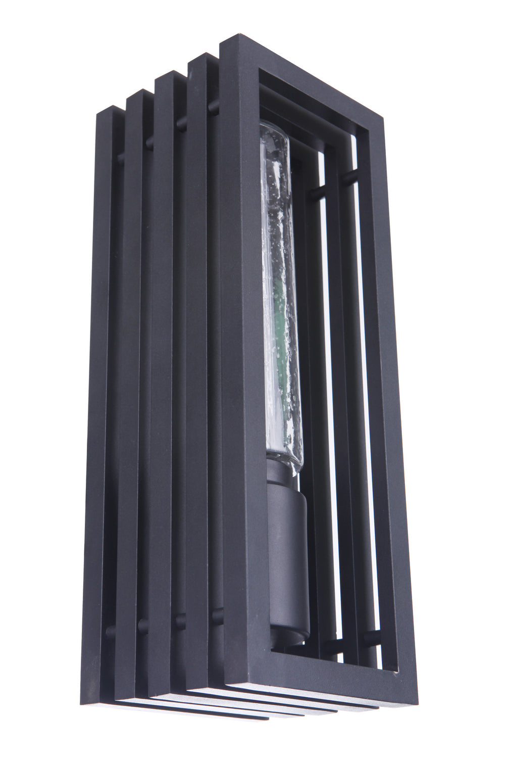 Craftmade Carmel outdoor wall lantern in textured black with a rectangular, slatted metal frame and glass cylinder bulb