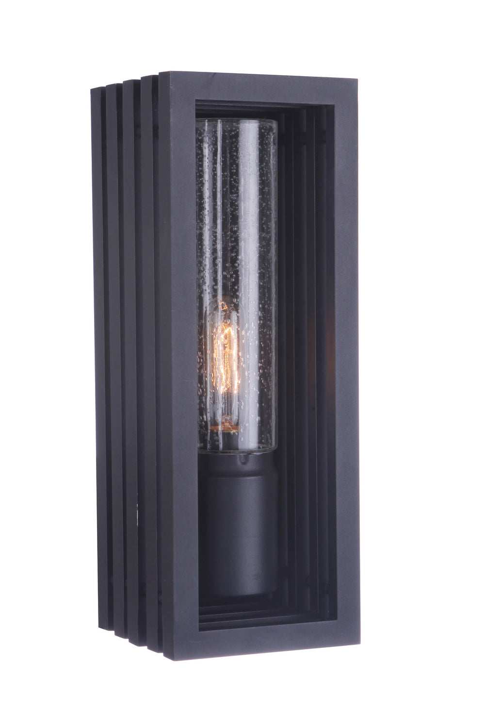 Carmel outdoor wall lantern in textured black with a vertical rectangular frame and a clear glass tube bulb inside.