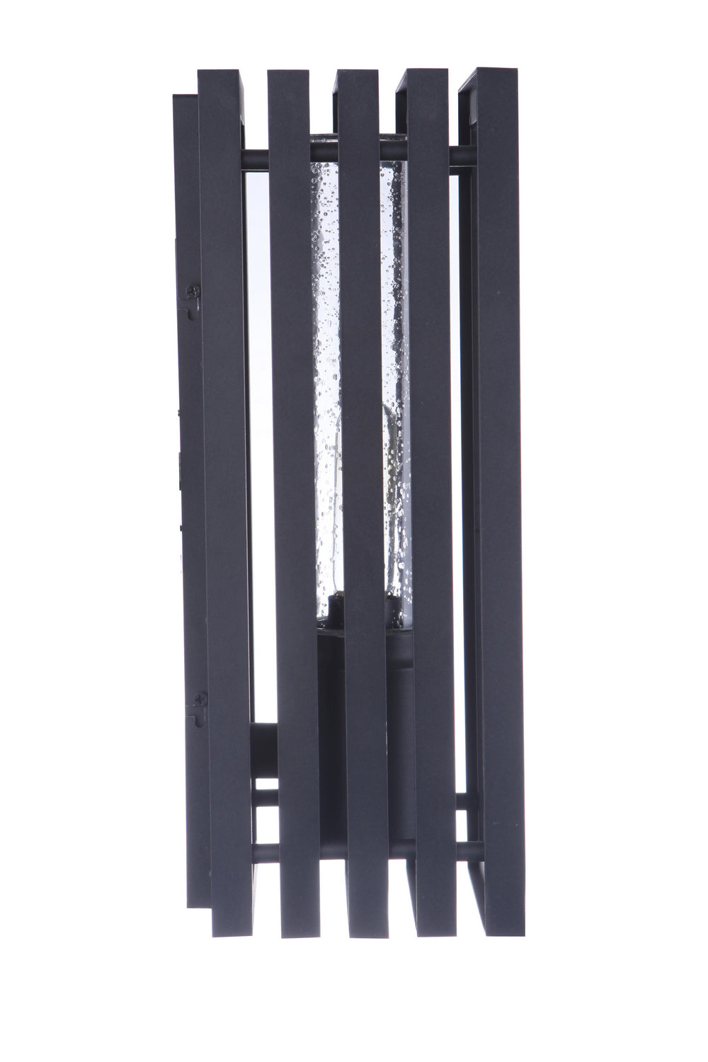 Textured black outdoor wall mount with vertical slats surrounding a glass-encased bulb, mounted frame in a rectangular