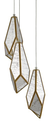 Currey and Company - 9000-0703 - Three Light Pendant - Glace - Raj Mirror/Antique Brass/Silver