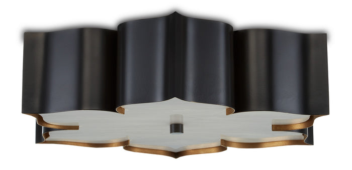 Currey and Company Two Light Flush Mount from the Grand Lotus collection in Satin Black /Contemporary Gold finish