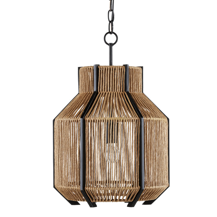 Currey and Company One Light Pendant from the Mali collection in Satin Black/Natural finish