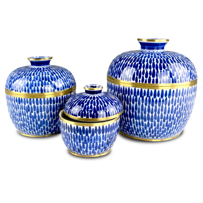 Currey and Company Jar Set of 3 from the Plavan collection in Blue/White/Brass finish