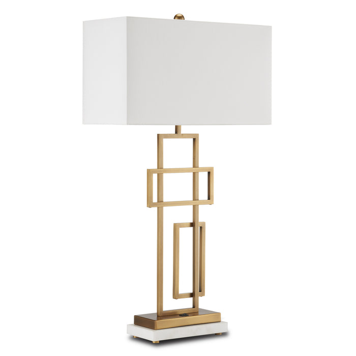 Currey and Company Two Light Table Lamp from the Parallelogram collection in Antique Brass/White finish