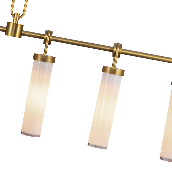 Alora Six Light Linear Pendant from the Wynwood collection in Vintage Brass/Glossy Opal Glass finish