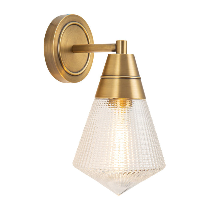 Alora One Light Wall Sconce from the Willard collection in Vintage Brass/Clear Prismatic Glass finish