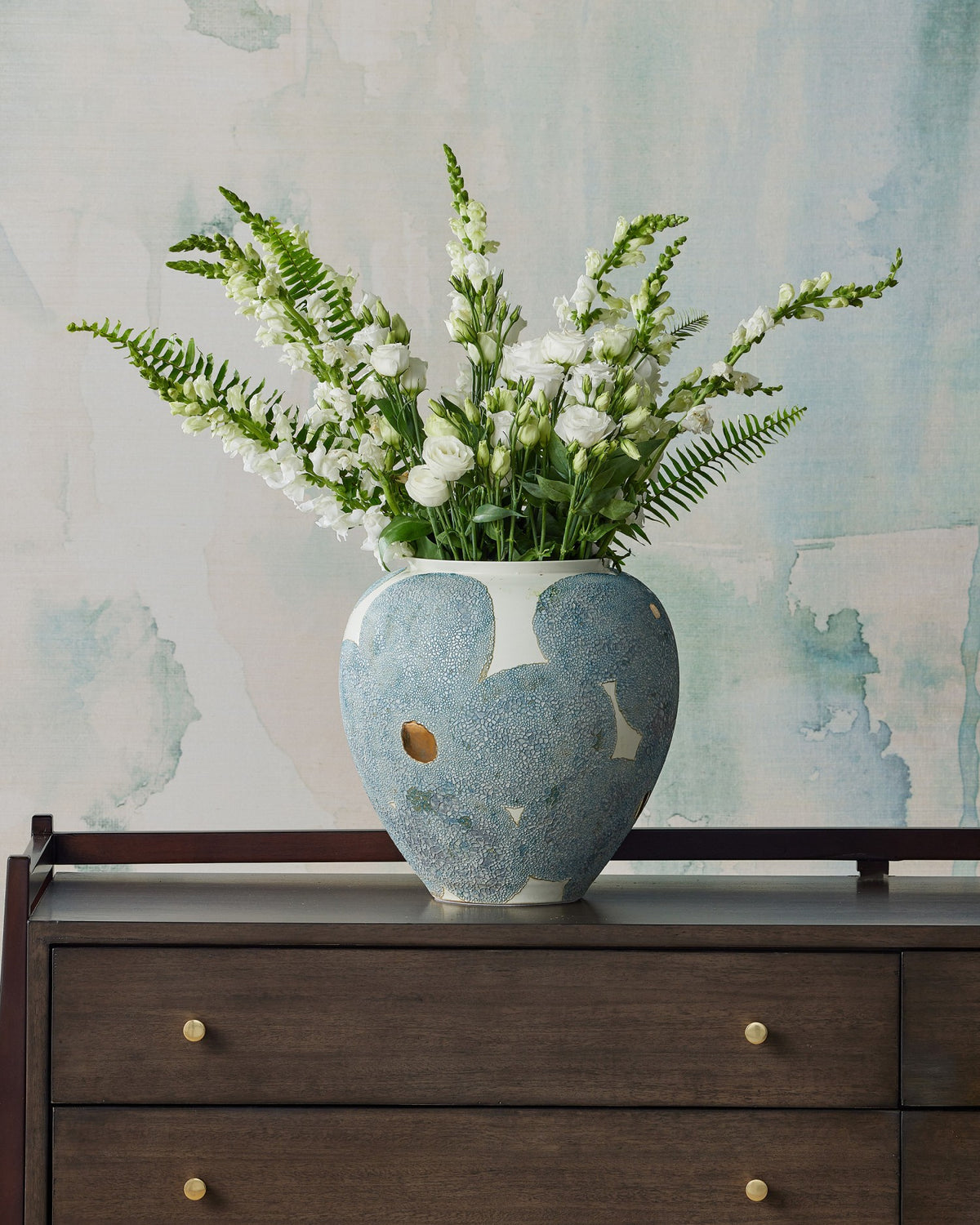 Currey and Company - 1200-0978 - Vase - Bloom Blue & Ivory Vase - Textured Blue / Off-White / Gold