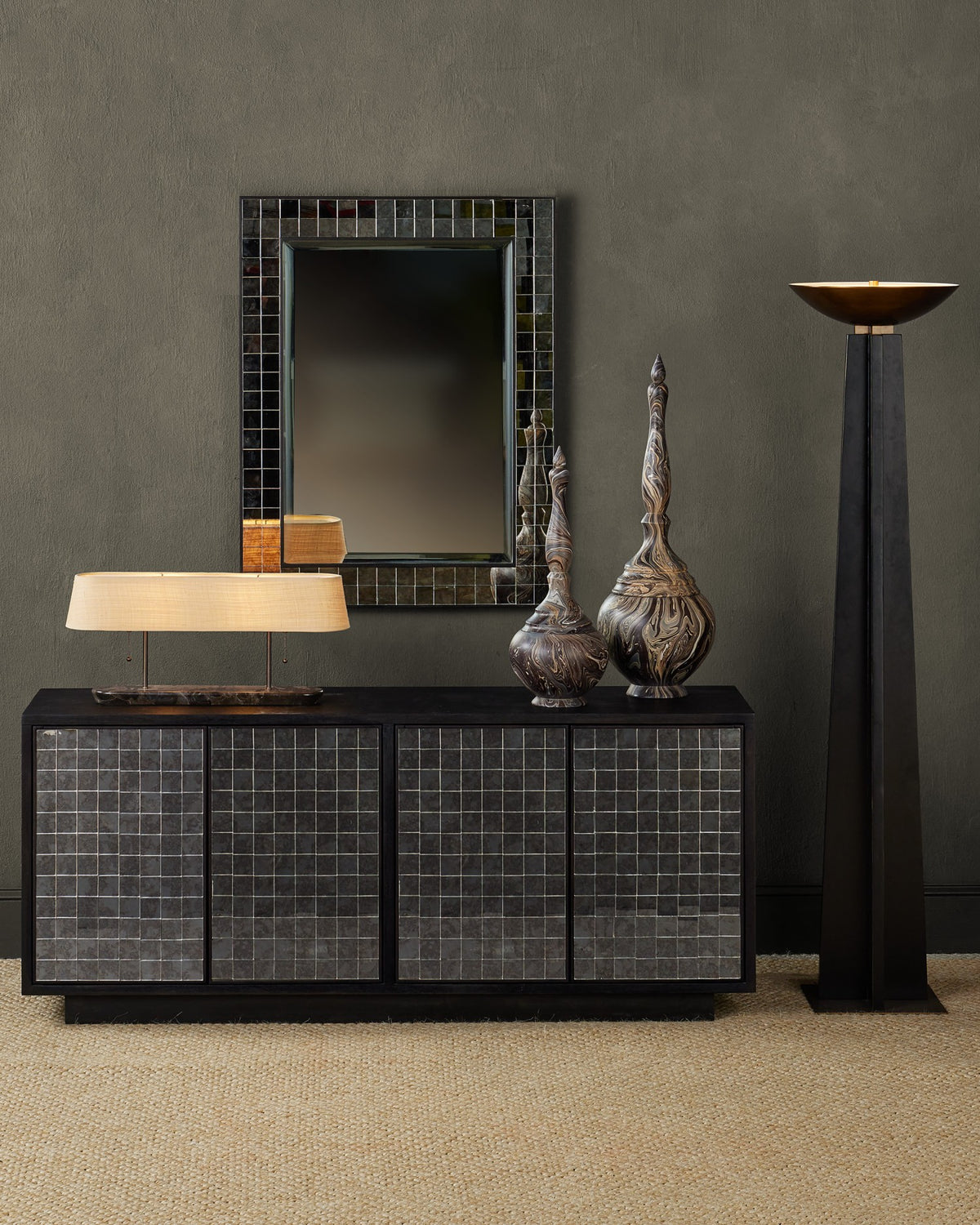 Currey and Company - 3000-0330 - Credenza - Mosaico - Ebony / Antique Mirror