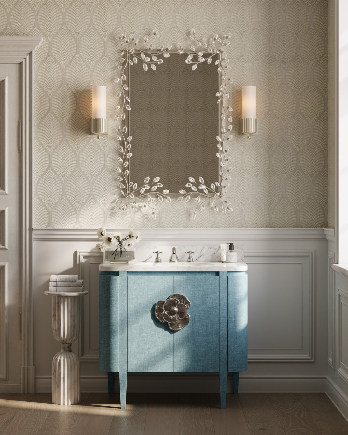 Currey and Company - 3800-0015 - 36" Vanity with Oval Undermount Sink - Briallen - Laquered Blue Linen / Natural / White / Polished Nickel