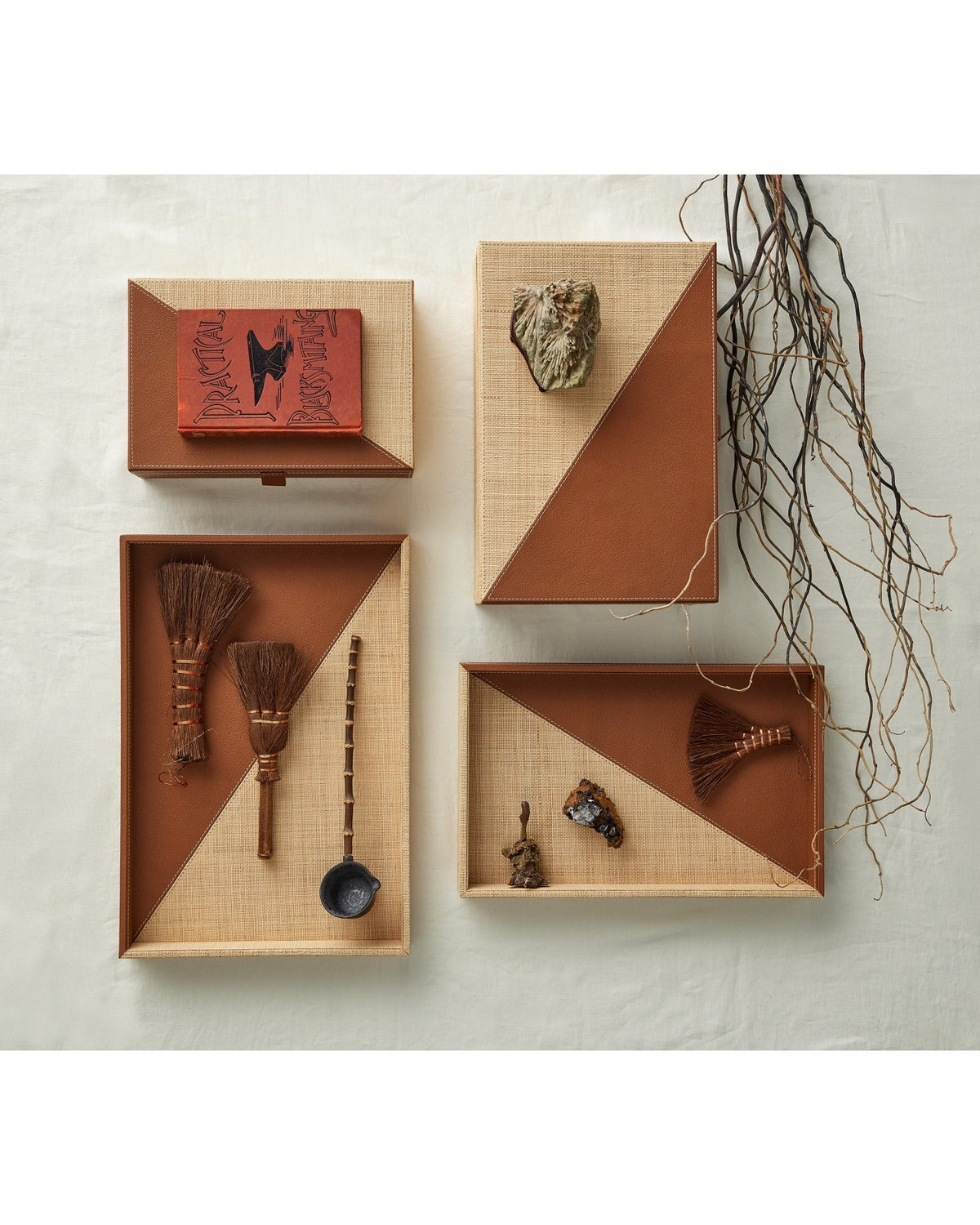 Currey and Company - 1200-1069 - Box Set of 2 - Leather & Raffia - Brown/Natural