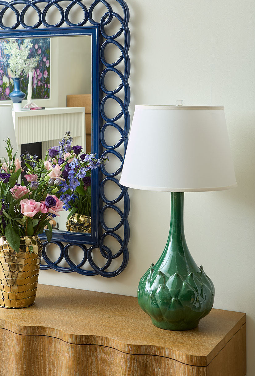 Villa & House Lotus Lamp with Shade 16-inch White Linen, with Gold, Sherwood Forest