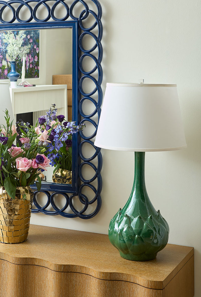 Villa & House Lotus Lamp with Shade 16-inch White Linen, with Gold, Sherwood Forest