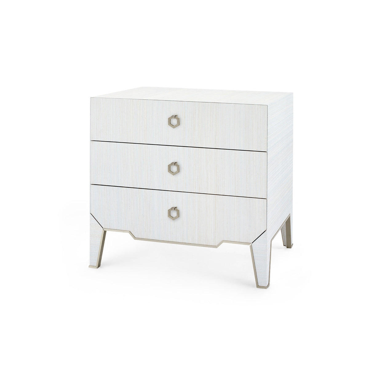 Villa & House Madeline 3-Drawer Side Table with Glass Top, Platinum Shimmer