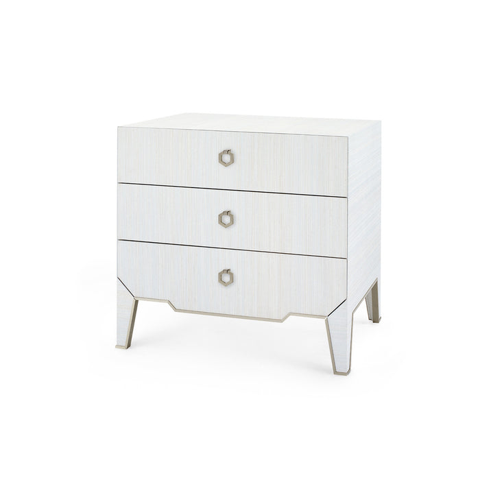 Villa & House Madeline 3-Drawer Side Table with Glass Top, Platinum Shimmer