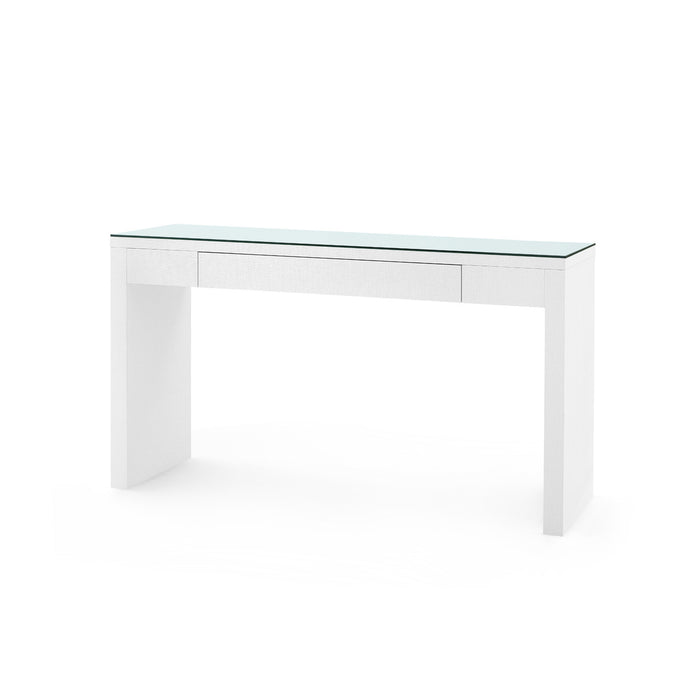 Villa & House Morgan Large Grasscloth Console Table with Glass Top, Chiffon White