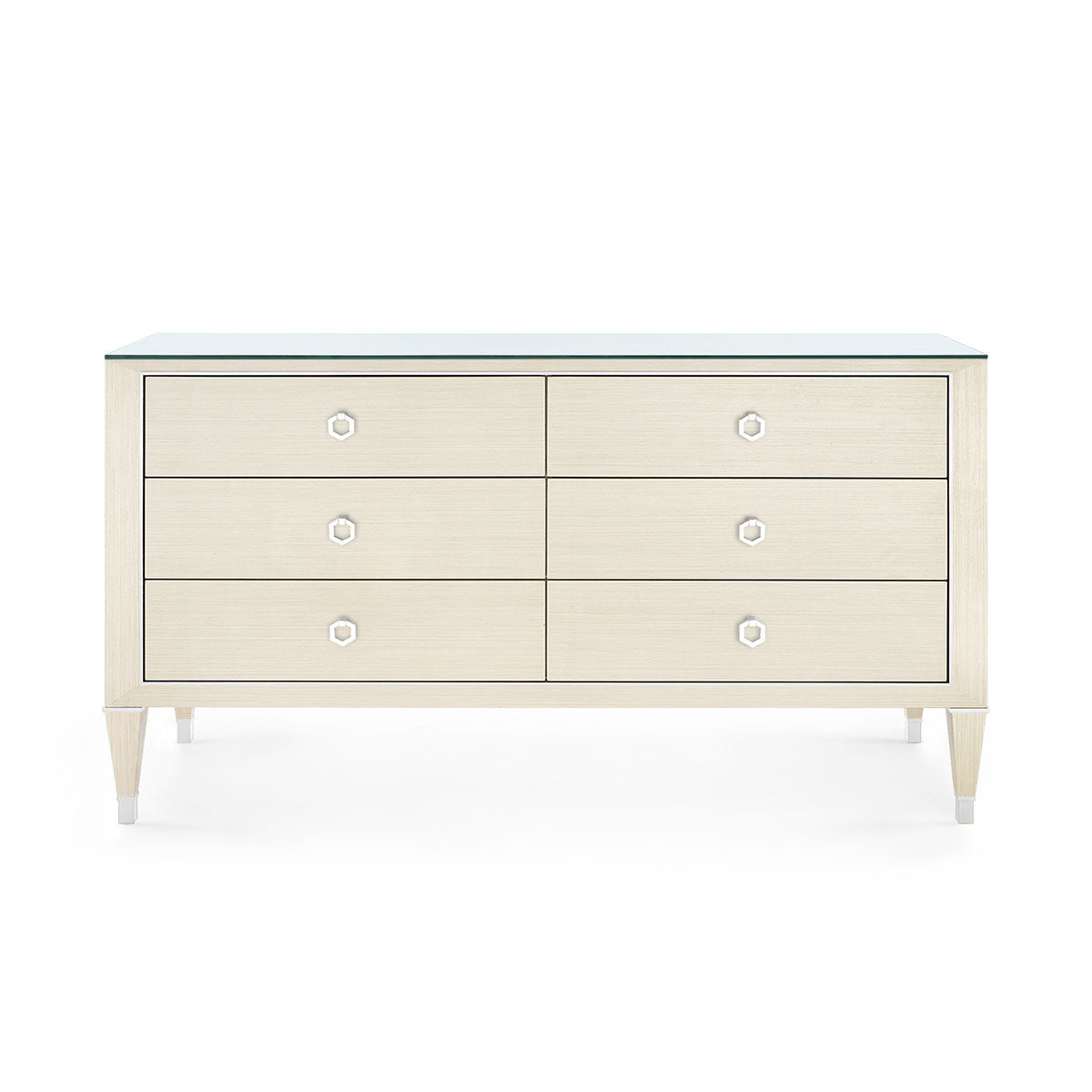 Villa & House Morris Extra Large 6-Drawer with Glass Top, Blanched Oak and Nickel