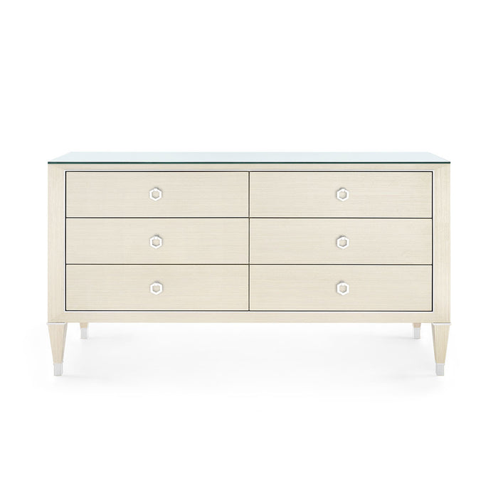 Villa & House Morris Extra Large 6-Drawer with Glass Top, Blanched Oak and Nickel
