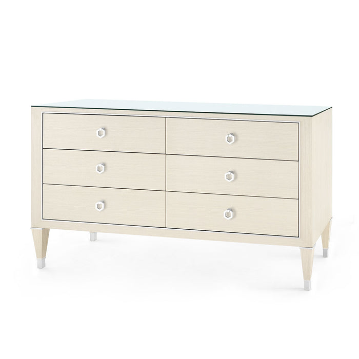 Villa & House Morris Extra Large 6-Drawer with Glass Top, Blanched Oak and Nickel