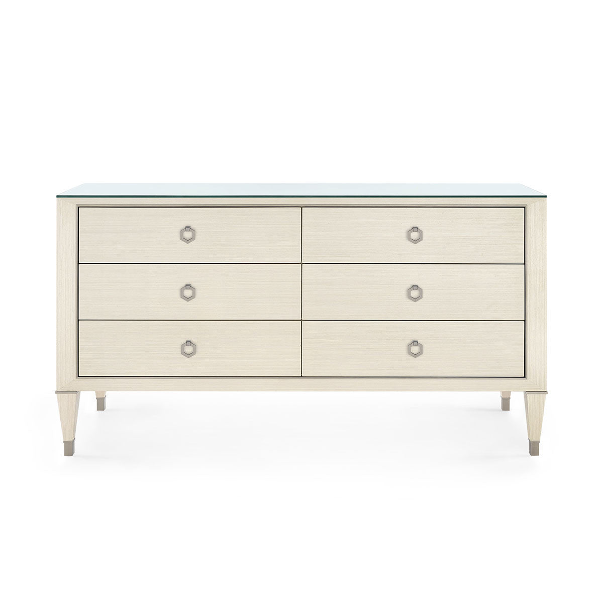 Villa & House Morris Extra Large 6-Drawer with Glass Top, Blanched Oak and Satin Bronze