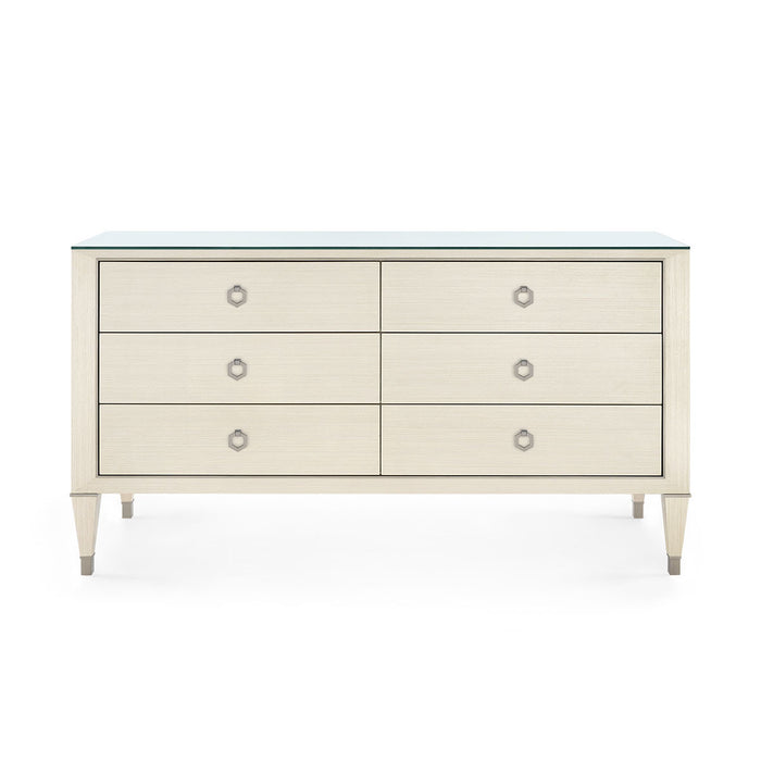 Villa & House Morris Extra Large 6-Drawer with Glass Top, Blanched Oak and Satin Bronze
