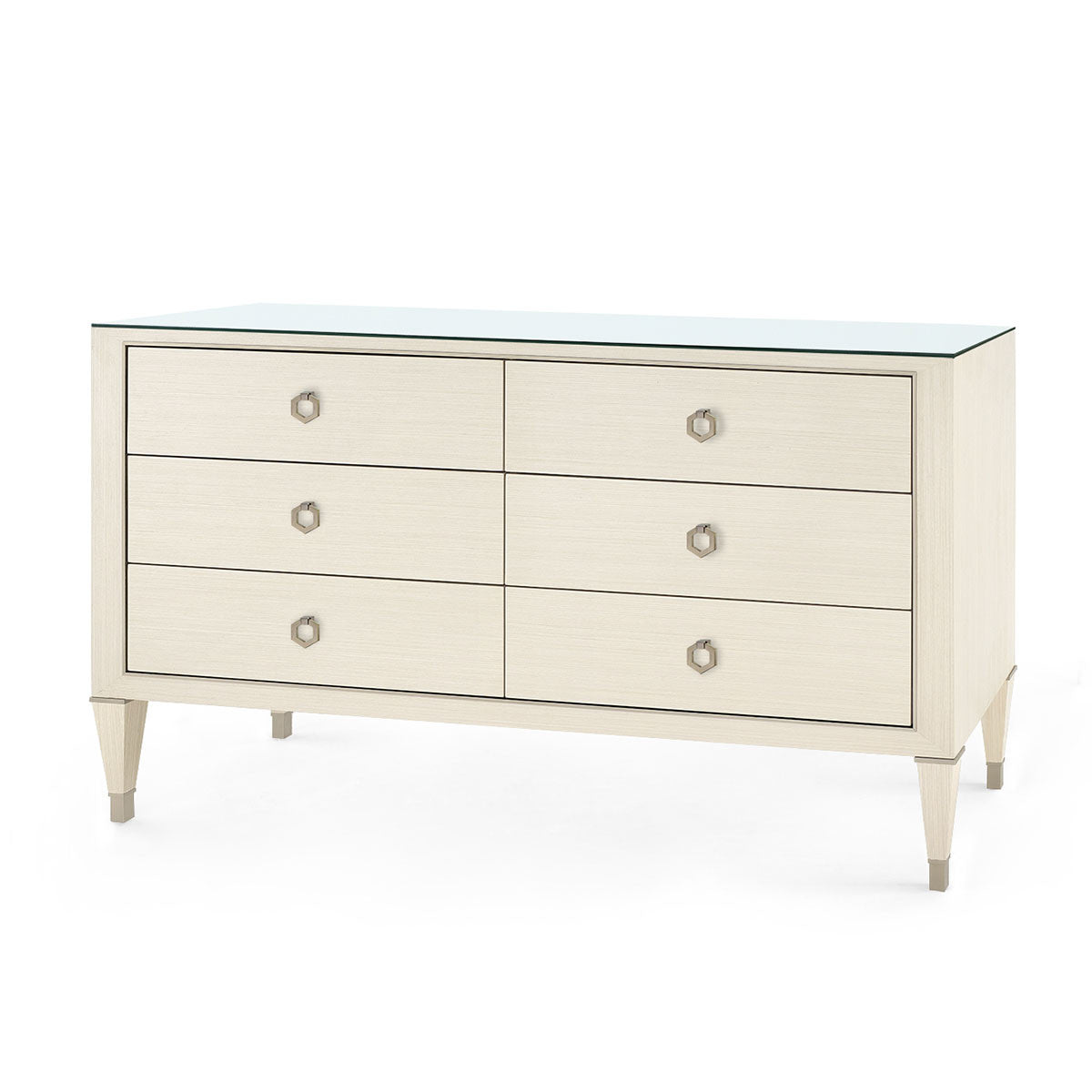 Villa & House Morris Extra Large 6-Drawer with Glass Top, Blanched Oak and Satin Bronze