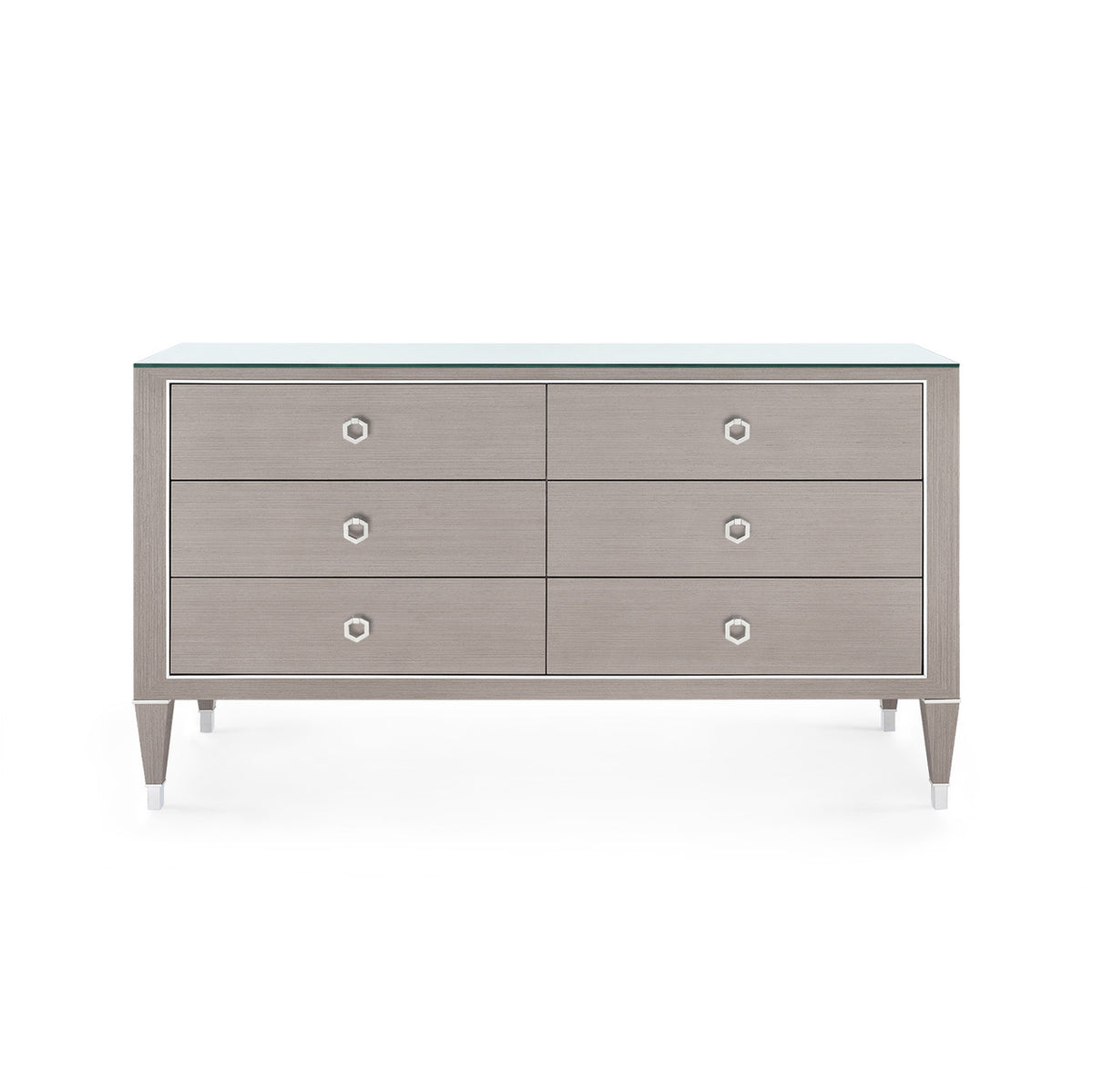 Villa & House Morris Extra Large 6-Drawer with Glass Top, Taupe Gray and Nickel