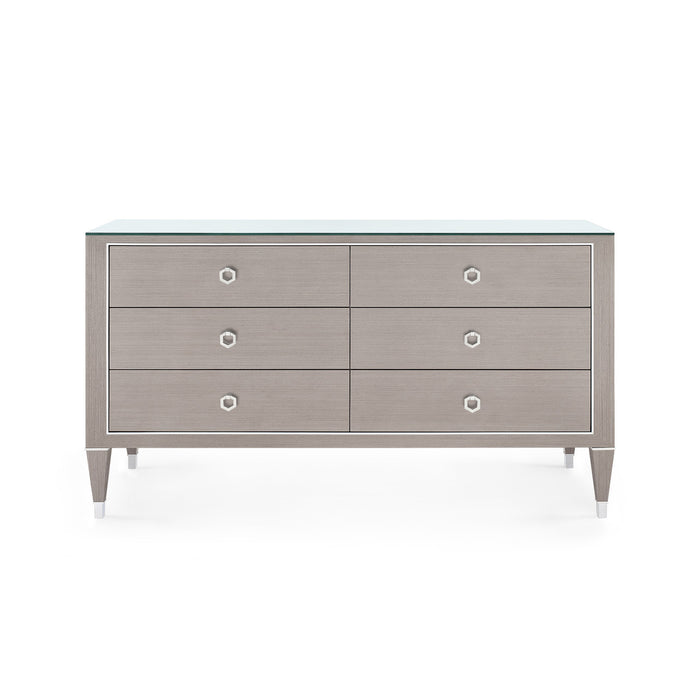 Villa & House Morris Extra Large 6-Drawer with Glass Top, Taupe Gray and Nickel