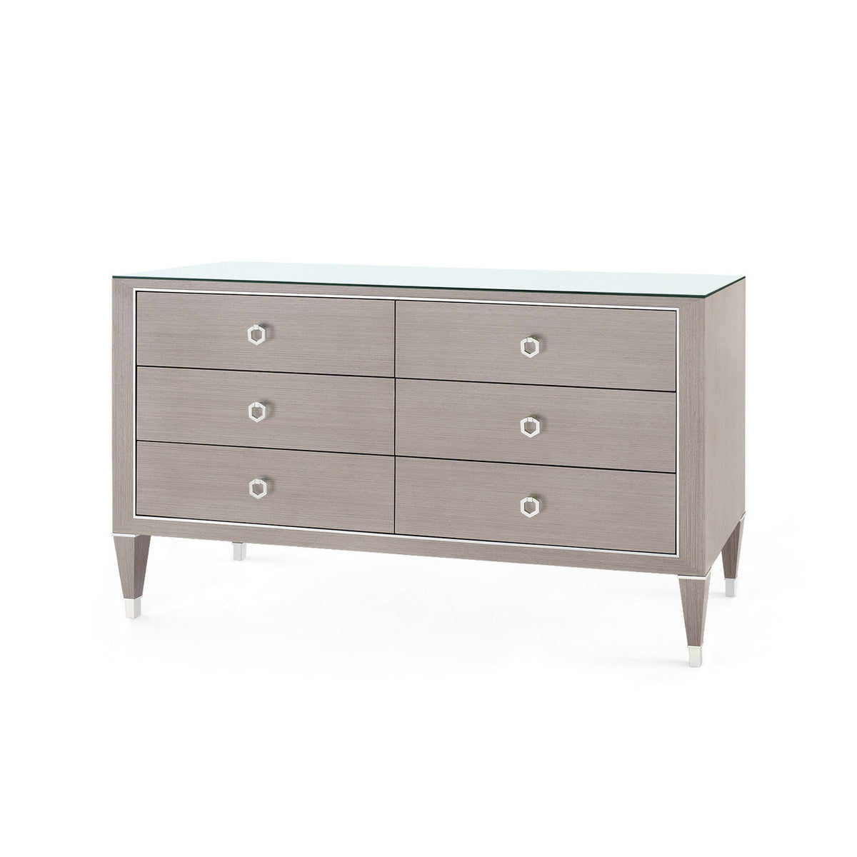 Villa & House Morris Extra Large 6-Drawer with Glass Top, Taupe Gray and Nickel