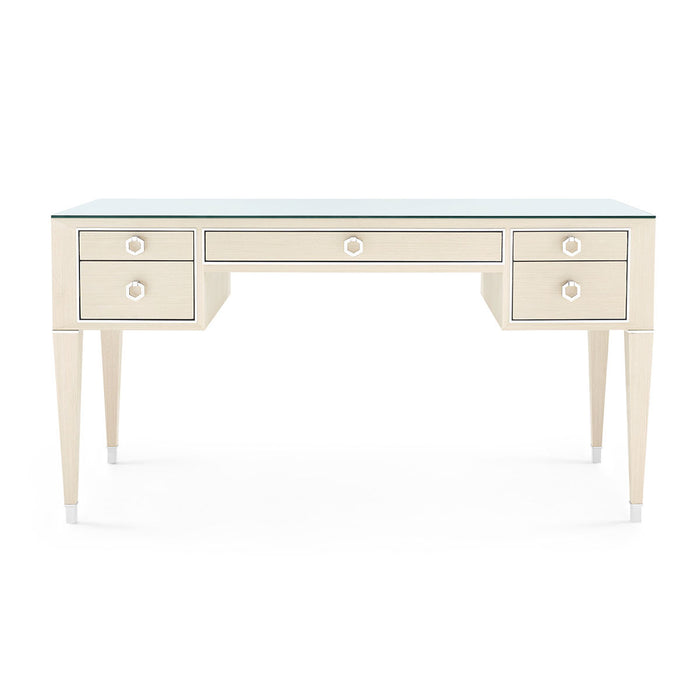Villa & House Morris Desk with Glass Top, Blanched Oak and Nickel
